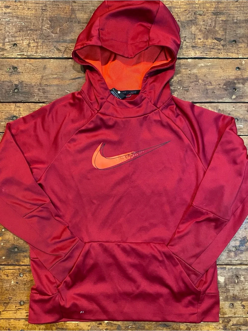 Nike Kids Red Dri-Fit Hooded Sweatshirt with Orange Swoosh